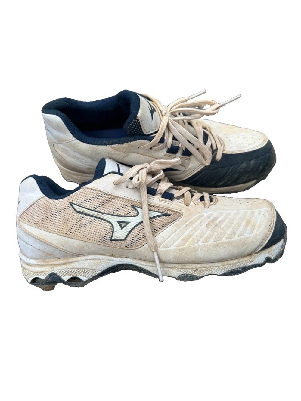 Mizuno 9-Spike Advanced Womens 8 White/Navy Fastpitch Softball Metal Cleats